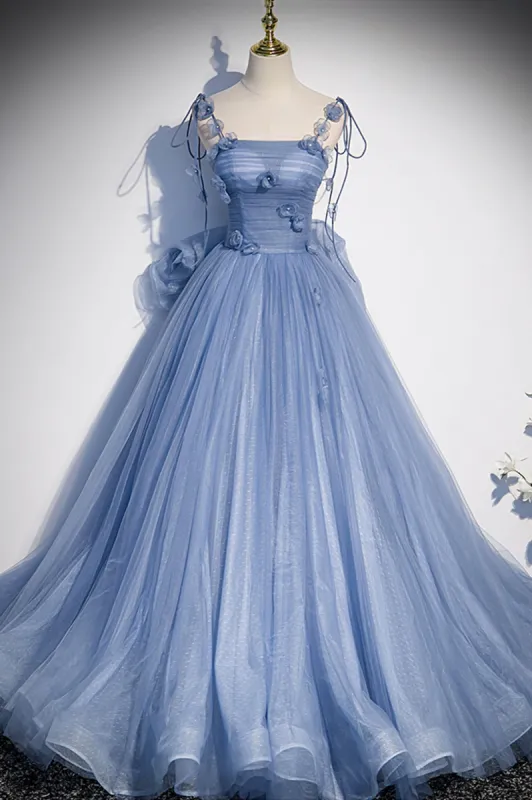 Karla | Blue Tulle Long A-Line Prom Dress Blue Spaghetti Straps Party Dress with Bow sold by KissProm