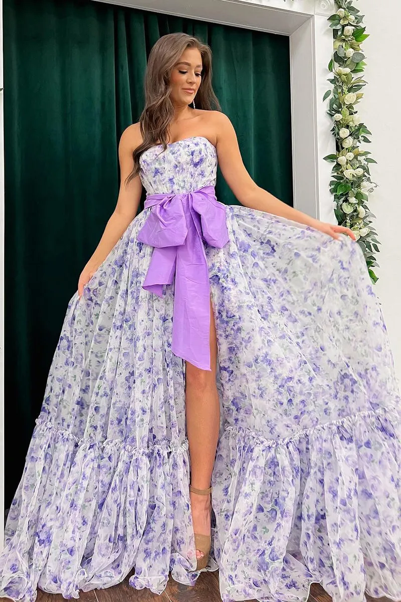 Chic Floral Printed Chiffon Strapless Long Prom Dresses with Slit sold by KissProm product image thumbnail 3