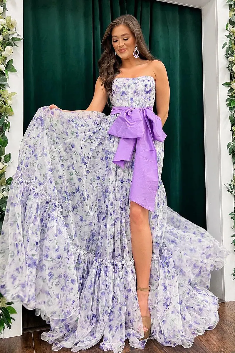 Chic Floral Printed Chiffon Strapless Long Prom Dresses with Slit sold by KissProm product image thumbnail 4