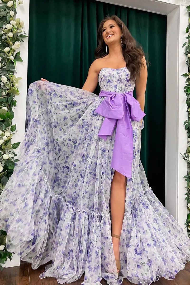 Chic Floral Printed Chiffon Strapless Long Prom Dresses with Slit sold by KissProm product image thumbnail 2