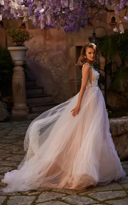 A-Line V-neck Tulle Wedding Dress Sexy Beach Gown With Court Train And Lace Appliques sold by KissProm
