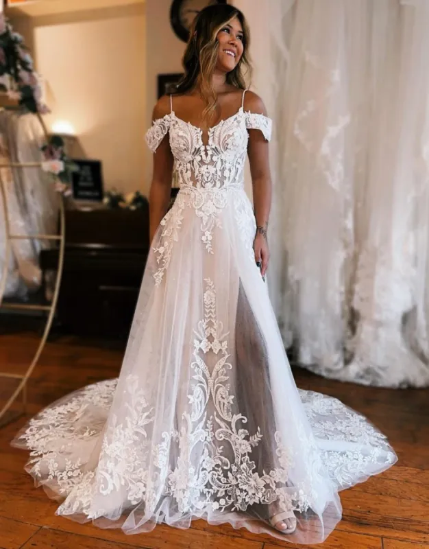 Kelly | A-Line Off The Shoulder Wedding Dress With Appliques And Slit sold by KissProm