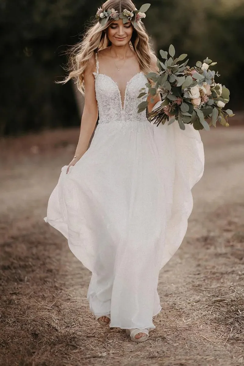 Roena | Fairy A-Line V-Neck Chiffon Long Wedding Dresses with Appliques sold by KissProm