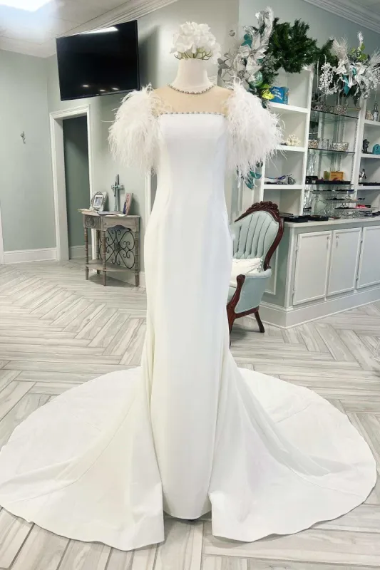 White Feather Illusion Neck Mermaid Long Wedding Dress sold by KissProm