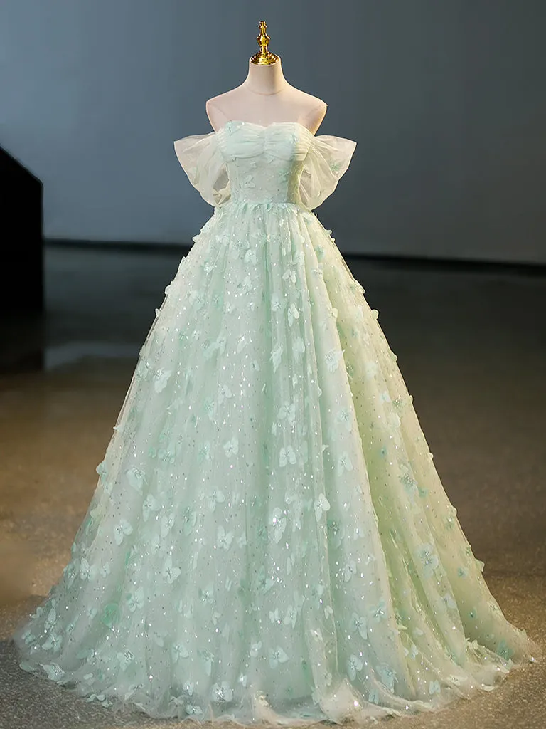 Quinceanera Dress Green Tulle A-Line Lace Long Prom Dress Green Lace Long Sweet Dress sold by KissProm
