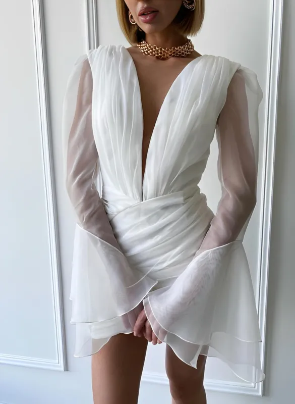 Herne | Sheath V-Neck Long Sleeves Short Mini Tulle Little White Wedding Dresses sold by KissProm