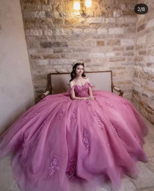 Dusty Rose Off Shoulder Lace 3D Flower Applique Quinceanera Dress sold by KissProm