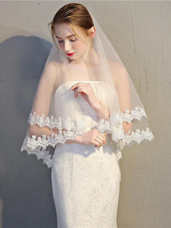 Two Tier Wedding Veils Hip Length Lace Hem Bridal Veil sold by KissProm