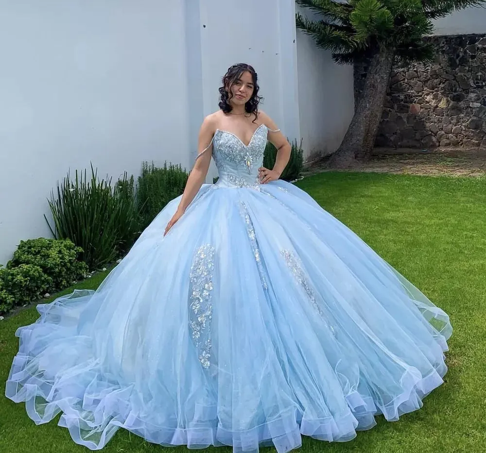 Sky Blue Quinceanera Dresses Off the Shoulder Beaded Lace Appliques sold by KissProm