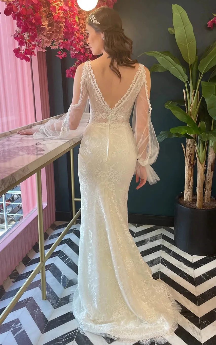 Casual A Line Scalloped Tulle Sweep Train Wedding Dress with Appliques sold by KissProm product image thumbnail 2