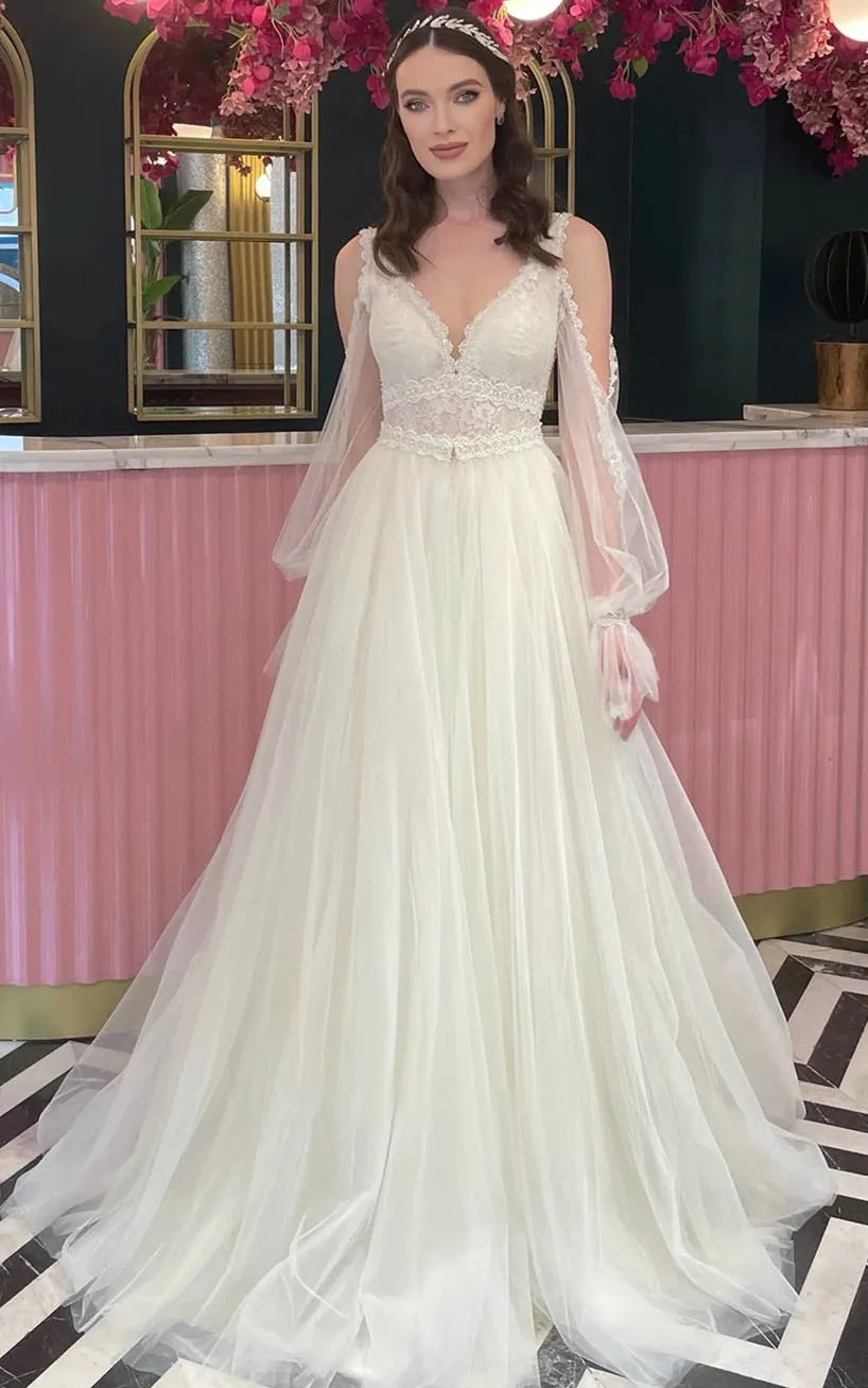 Casual A Line Scalloped Tulle Sweep Train Wedding Dress with Appliques sold by KissProm product image thumbnail 4
