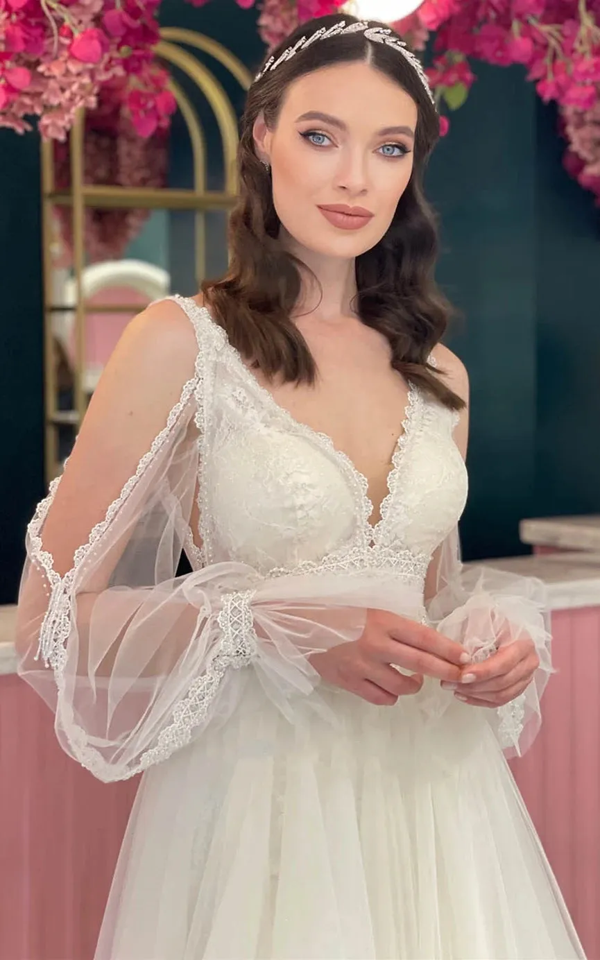 Casual A Line Scalloped Tulle Sweep Train Wedding Dress with Appliques sold by KissProm product image thumbnail 3