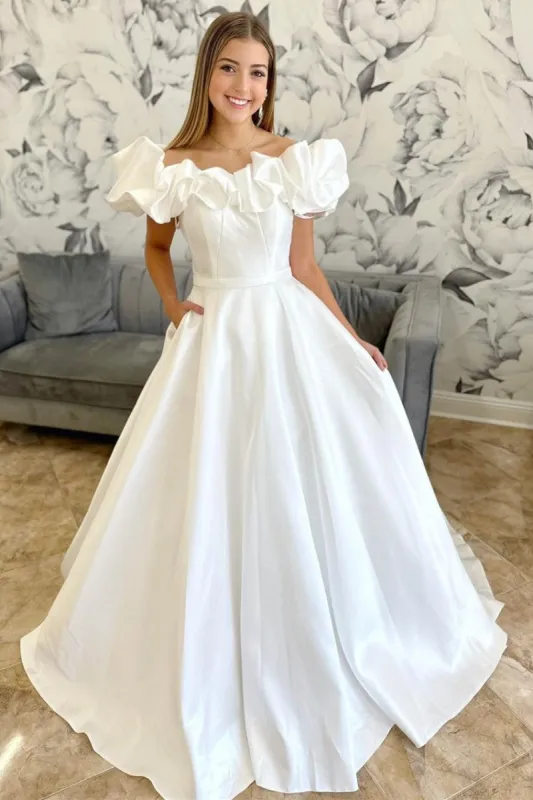 White Off-the-Shoulder Ruffle Long Bridal Gown sold by KissProm