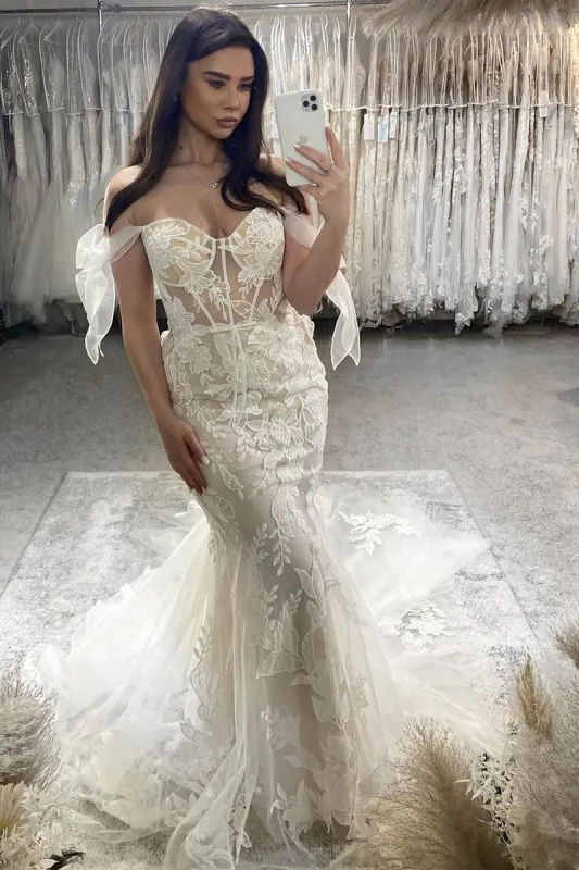 Princess Mermaid Off the Shoulder Lace Appliques Wedding Dresses sold by KissProm