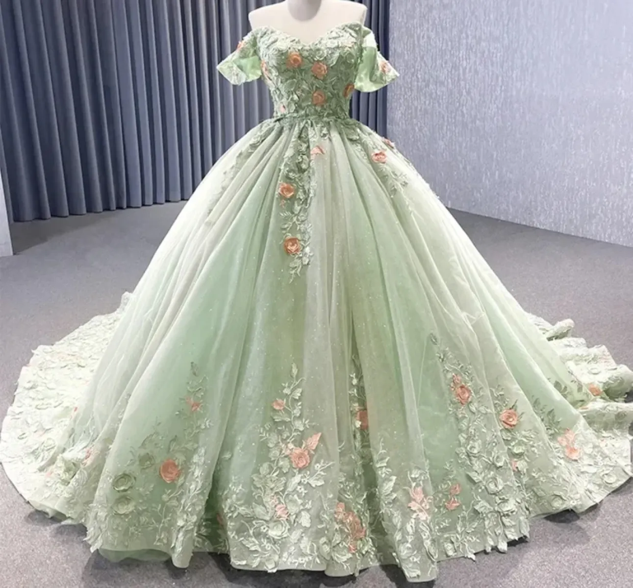 pastel green prom dresses Princess Green Appliques Ball Gown Quinceanera Dress Sweetheart Off Sh –  formalgowns