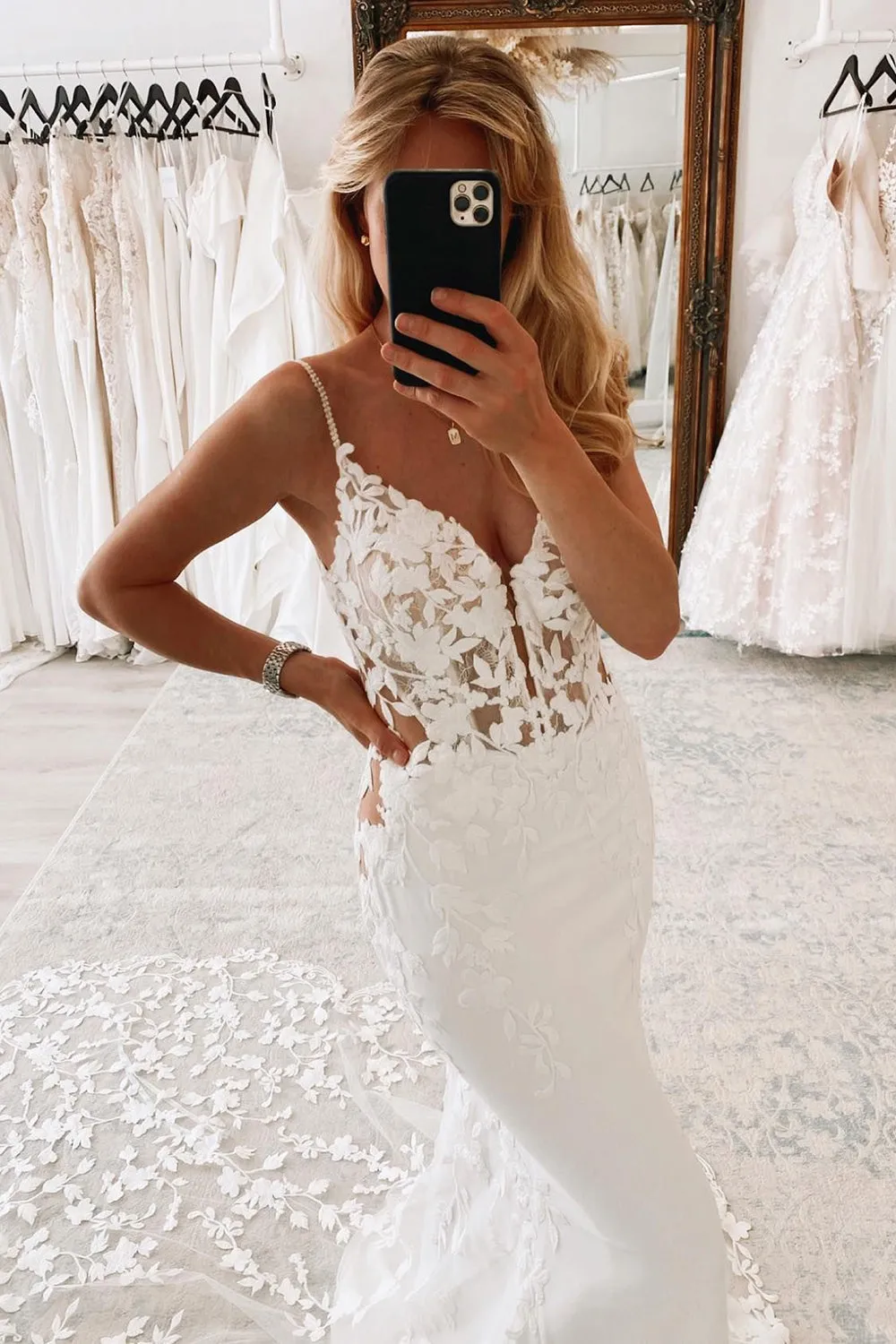Taytum | White Spaghetti Straps Backless Long Wedding Dress with Lace sold by KissProm