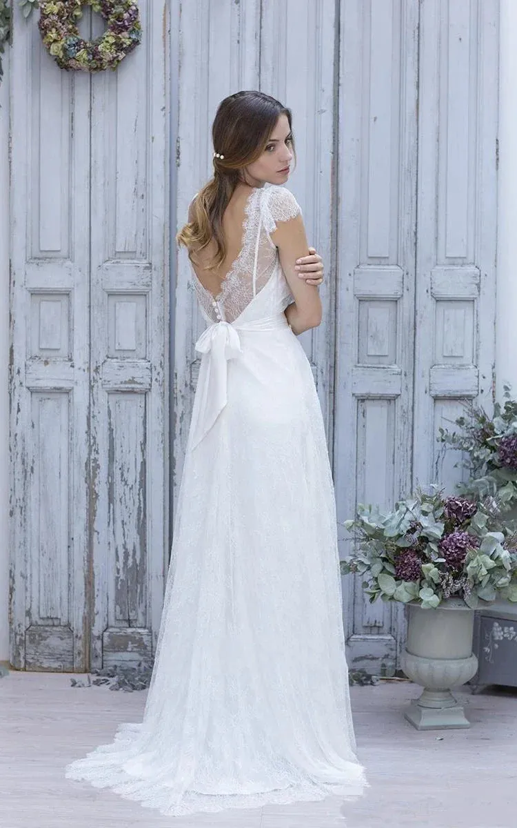 A-Line V-Neck Short Cap Sleeves Backless Tulle Lace Wedding Dress sold by KissProm product image thumbnail 3