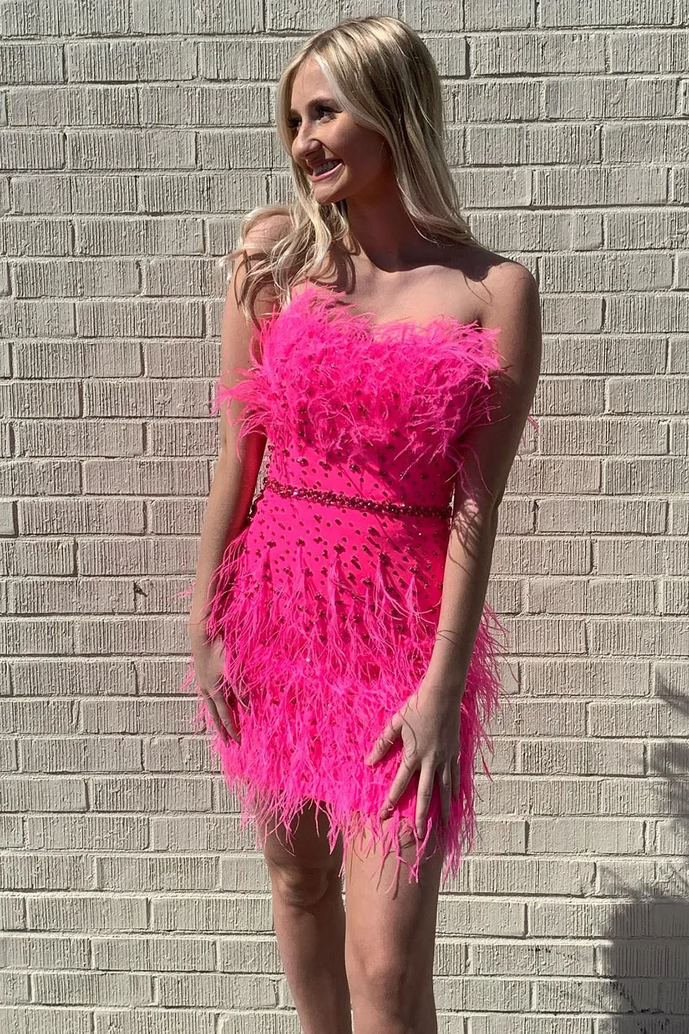 Moana | Sheath Strapless Hot Pink Feathers Short Homecoming Dress with Beaded Belt sold by KissProm