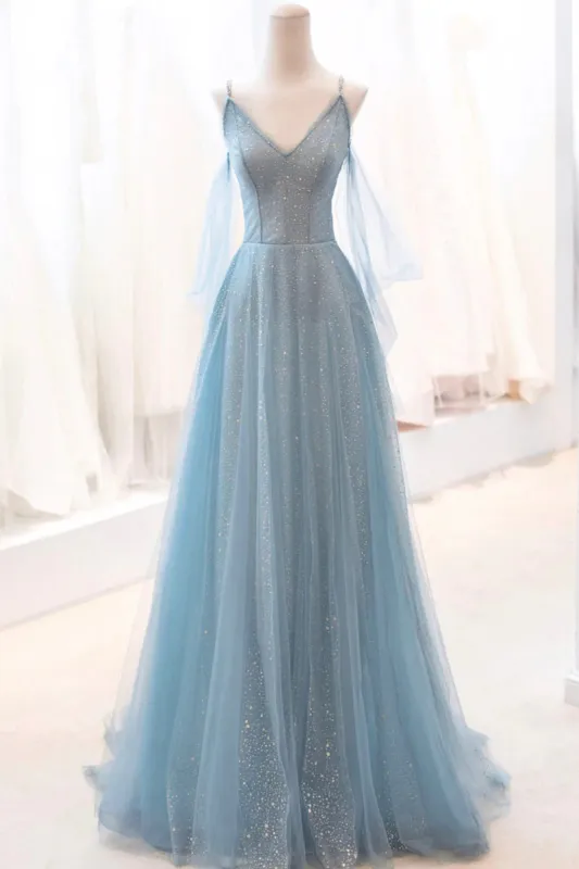 Kathryn | Dusty Blue Sparkly Tulle Long Prom Dress, A-Line Spaghetti Strap Evening Dress sold by KissProm
