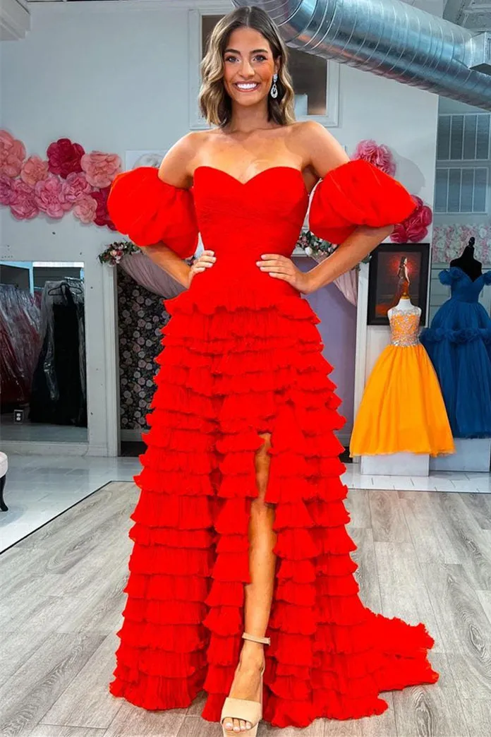 Wendy | Sweetheart Red Tiered Tulle Prom Dress with Balloon Sleeves sold by KissProm