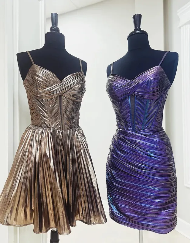Metallic Gold A-Line Satin Spaghetti Straps Homecoming Dress sold by KissProm