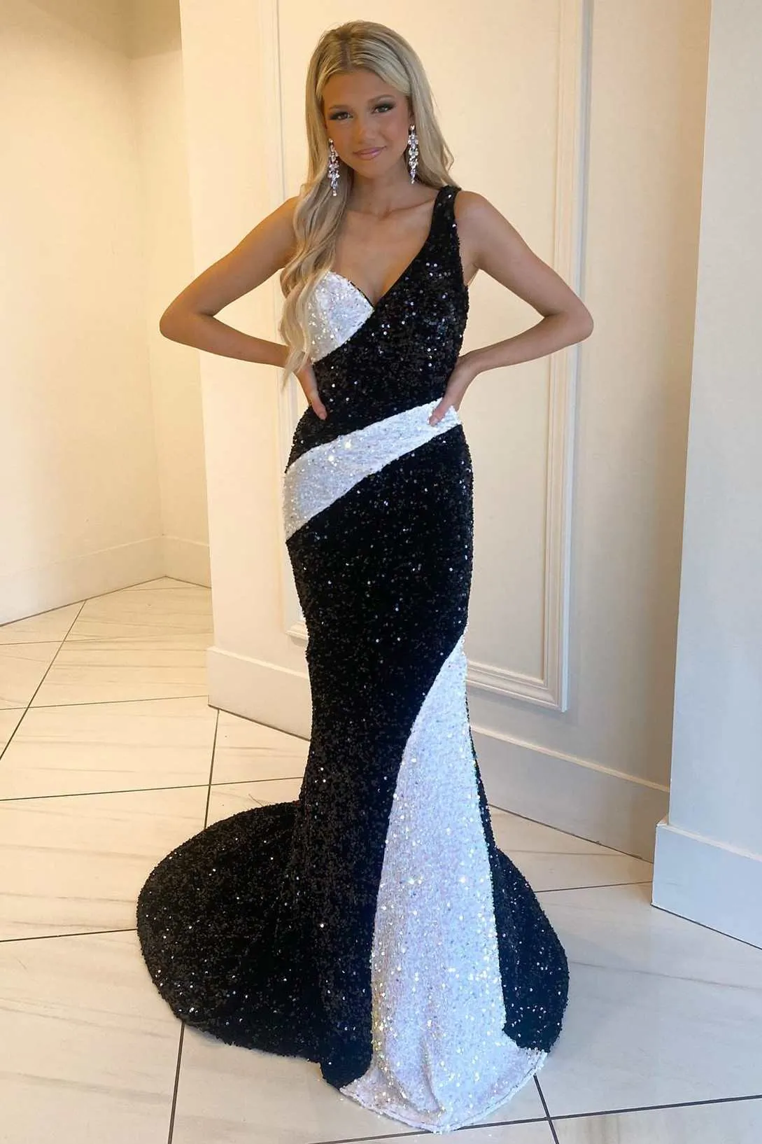 Black and White Sequin One-Shoulder Mermaid Long Prom Gowm sold by KissProm