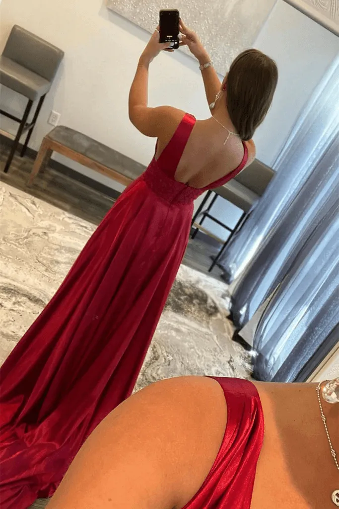 Novah | Burgundy V Neck Lace Long Prom Evening Dress with High Slit sold by KissProm product image thumbnail 3