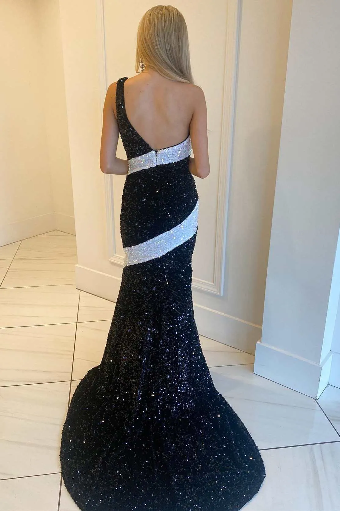 Black and White Sequin One-Shoulder Mermaid Long Prom Gowm sold by KissProm product image thumbnail 2