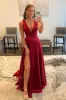Novah | Burgundy V Neck Lace Long Prom Evening Dress with High Slit sold by KissProm