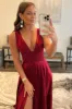 Novah | Burgundy V Neck Lace Long Prom Evening Dress with High Slit sold by KissProm