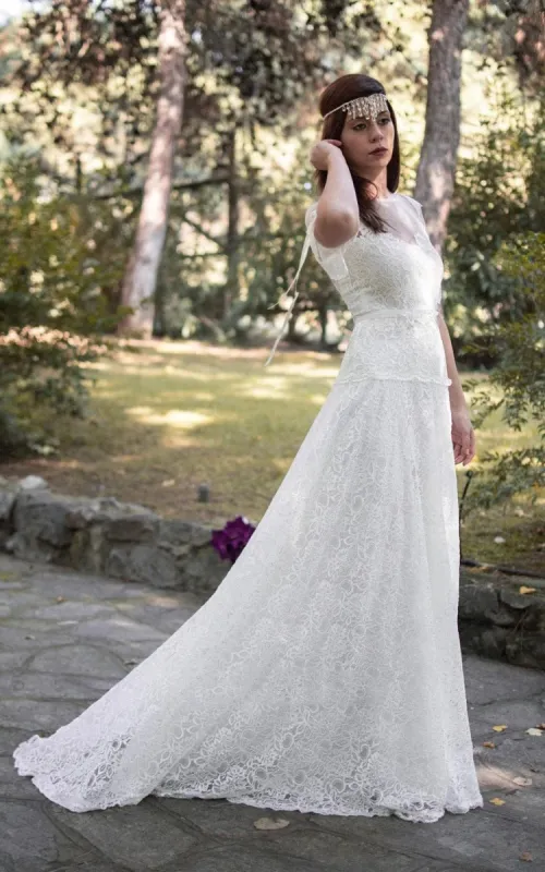 A-Line Short Sleeve Lace Appliques Illusion Back Wedding Dress with Sash sold by KissProm