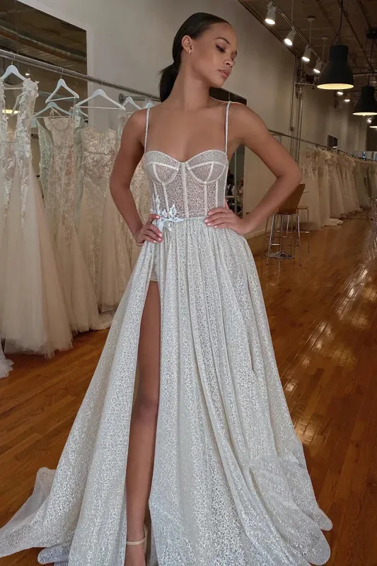 Jessa | Spaghetti Straps Lace Appliques Sparkly A-Line Wedding Dress sold by KissProm