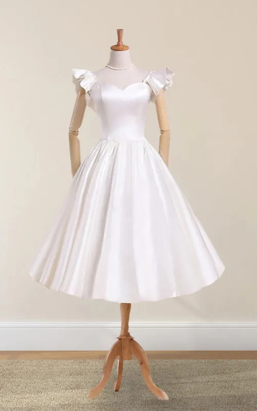 Nayeli | Scalloped Tea-Length Satin Wedding Dress With Pleats sold by KissProm