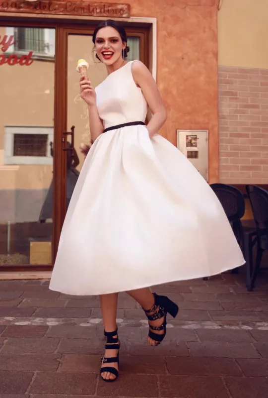 Tea-length Sleeveless Vintage Satin Wedding Dress With Keyhole Back And Ruching Details sold by KissProm