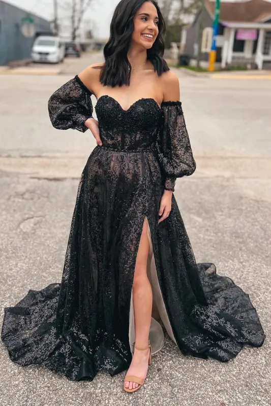 Trina | Cute A Line Sweetheart Black Sequins Long Prom Dresses sold by KissProm
