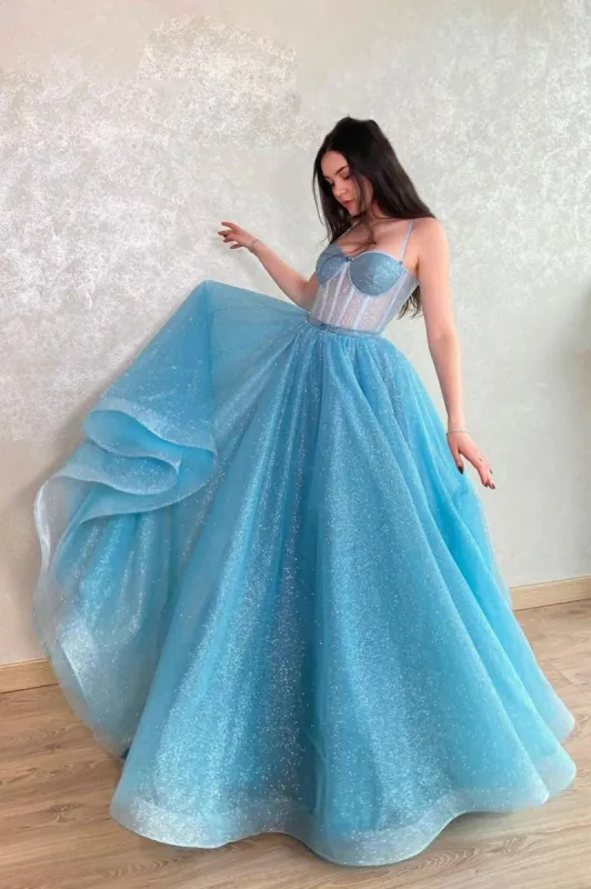 Mavis | Blue Tulle Long A-Line Prom Dress, Blue Lace-Up Evening Dress with Corset sold by KissProm