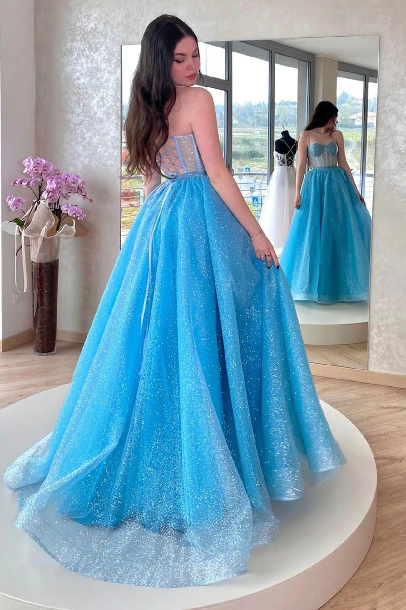 Mavis | Blue Tulle Long A-Line Prom Dress, Blue Lace-Up Evening Dress with Corset sold by KissProm product image thumbnail 3