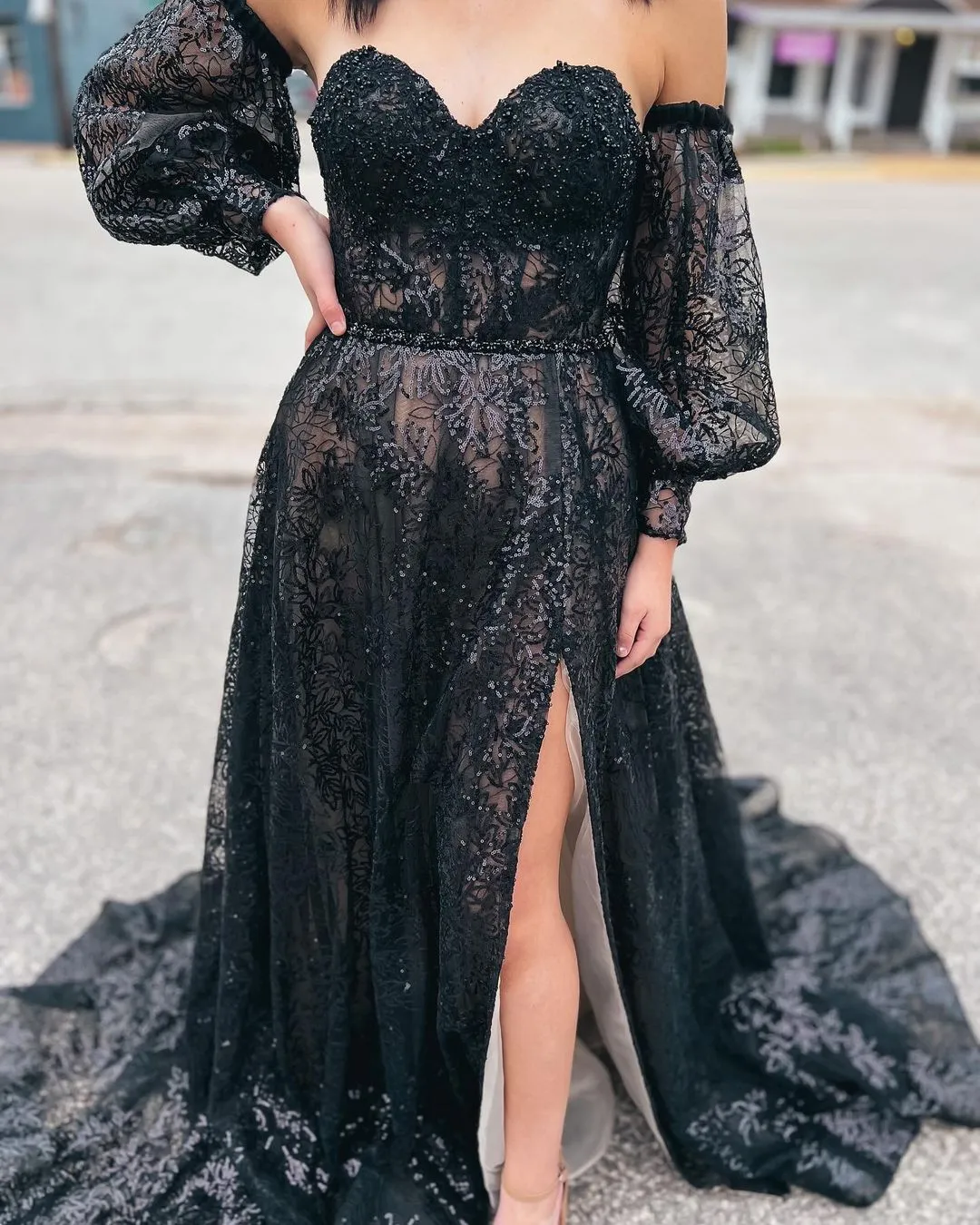 Trina | Cute A Line Sweetheart Black Sequins Long Prom Dresses sold by KissProm product image thumbnail 3