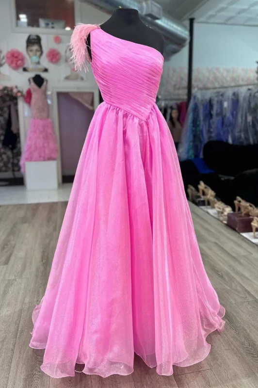 Pink Feather One-Shoulder Ruching A-Line Long Prom Dress sold by KissProm