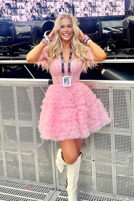 Olivia | A Line Off the Shoulder Homecoming Dress with Feather sold by KissProm