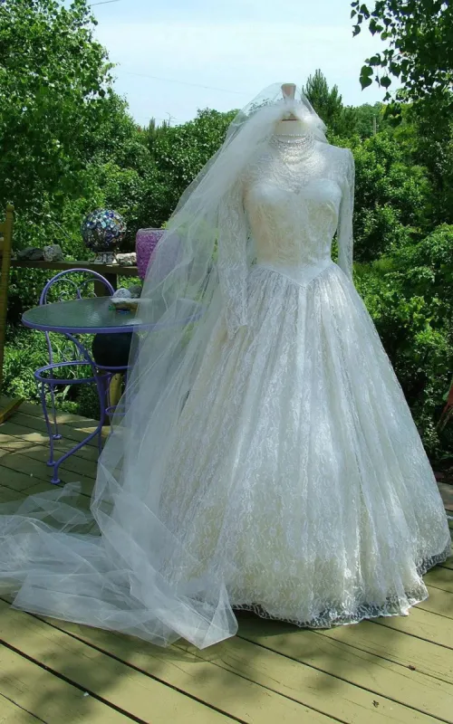 Middleton Style Vintage Long Lace Sleeves Fitted Bodice Bridal Gown Wedding Dress sold by KissProm
