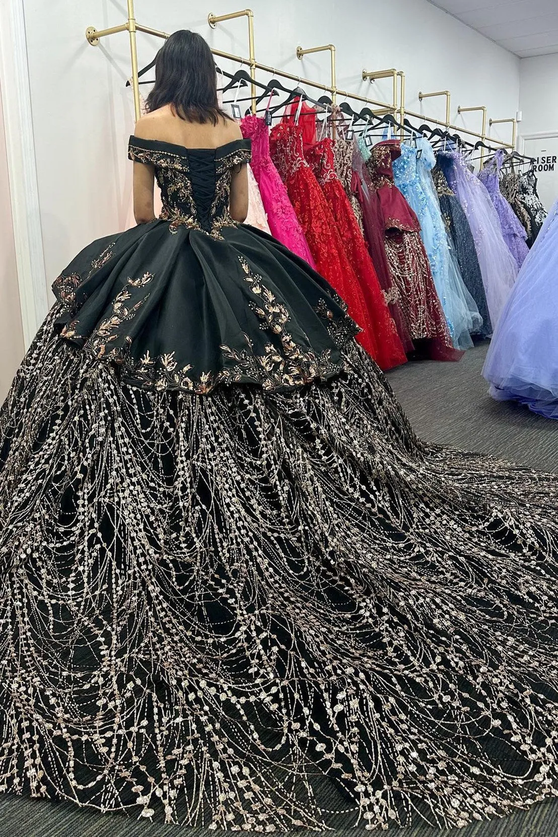 Black Satin Appliques Off-the-Shoulder Quinceanera Dress sold by KissProm product image thumbnail 3