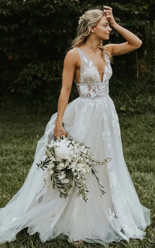 Vintage Country A-Line Boho Lace Wedding Dress Retro Rustic V-Neck Tulle Sleeveless Floor Length with Appliques sold by KissProm