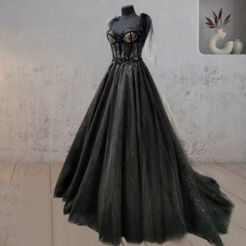 Glitter Lace Tulle Sweetheart Corset Court Black Wedding Dress sold by KissProm