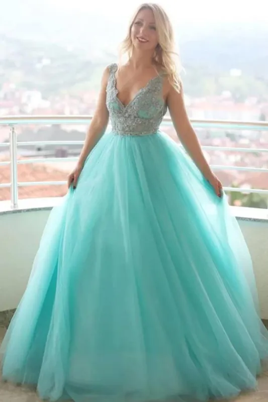Alondra | A-line V neck Tulle Lace Long Prom Dress Evening Dress sold by KissProm