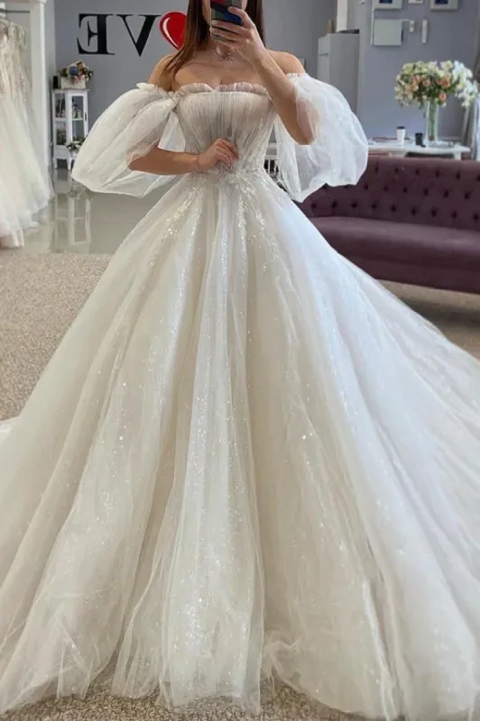 Glitter Tulle A-Line Off-Shoulder Appliques With Train Sheer Wedding Dress sold by KissProm
