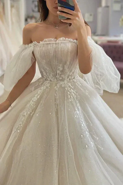 Glitter Tulle A-Line Off-Shoulder Appliques With Train Sheer Wedding Dress sold by KissProm product image thumbnail 2