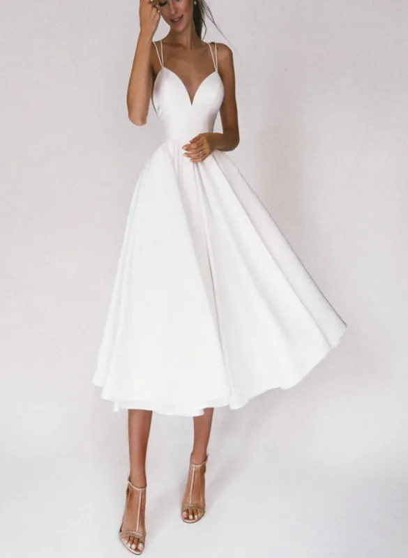 A-Line V-Neck Sleeveless Satin Knee-Length Wedding Dress sold by KissProm