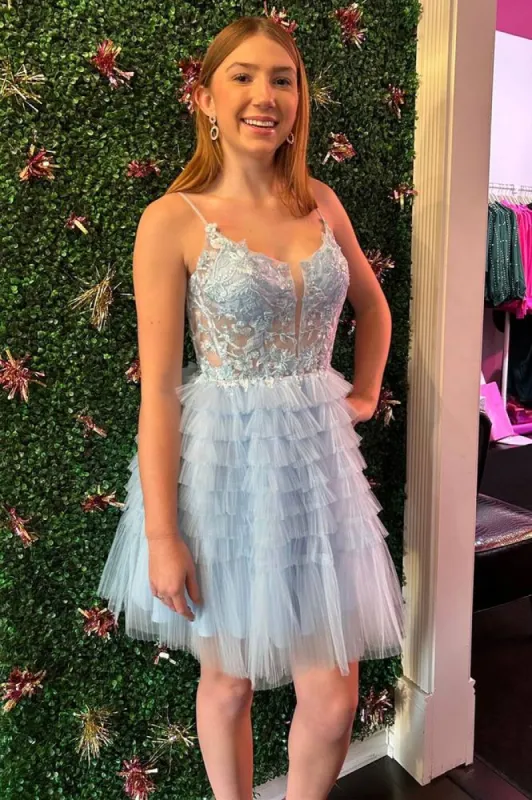 Lorraine | Straps Sky Blue Corset A-Line Ruffle Homecoming Dress sold by KissProm