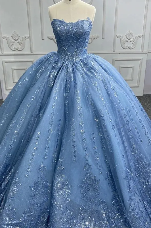 Gorgeous Blue Sleeveless Strapless Ball Gown Quinceanera Dresses sold by KissProm
